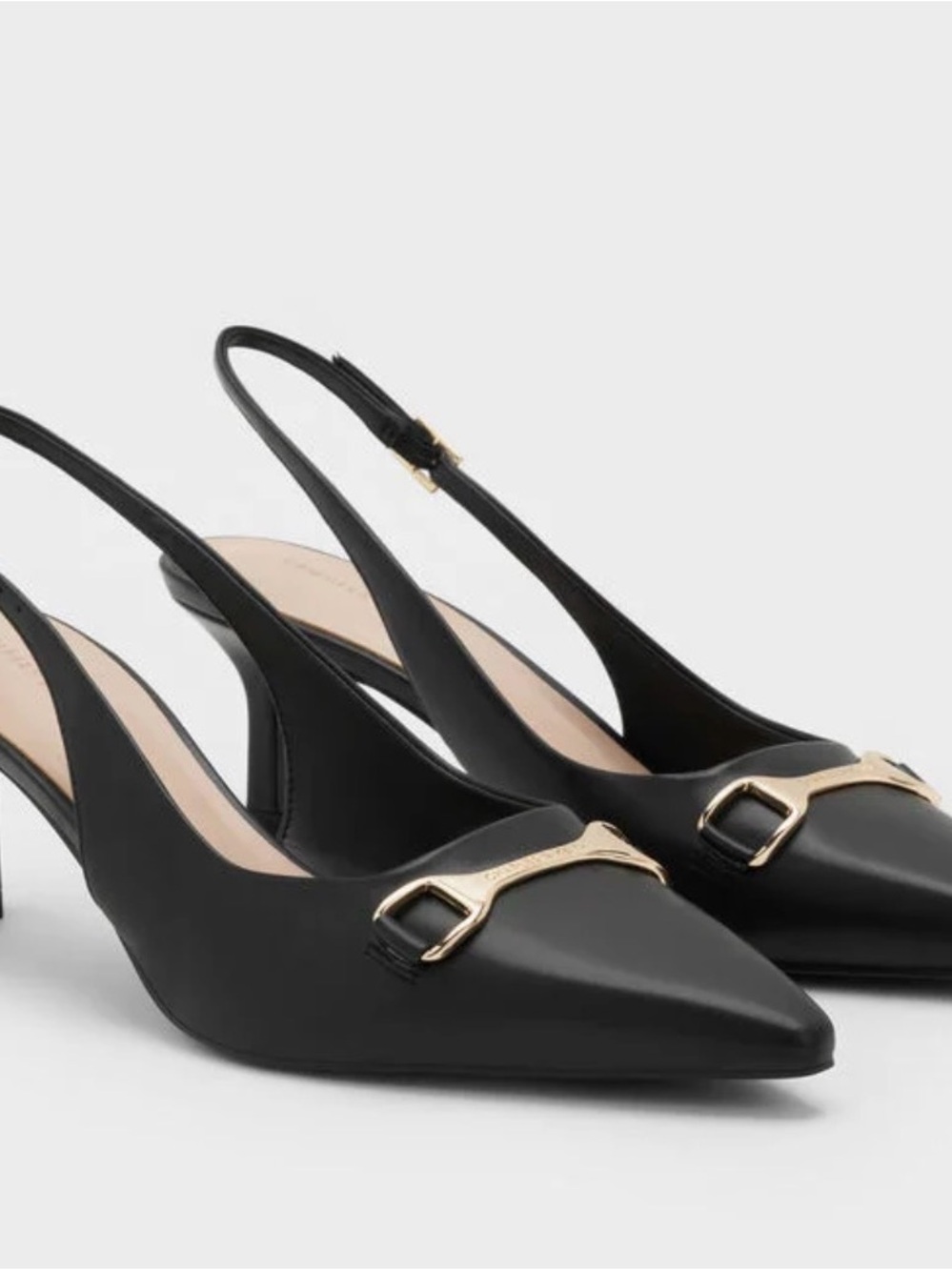 NEW Charles and Keith Black Slingback Pointed Toe Pumps with Gold Buckle